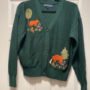 Princess Highway Forest Green Cardigan with Bear and Tree Embroidery